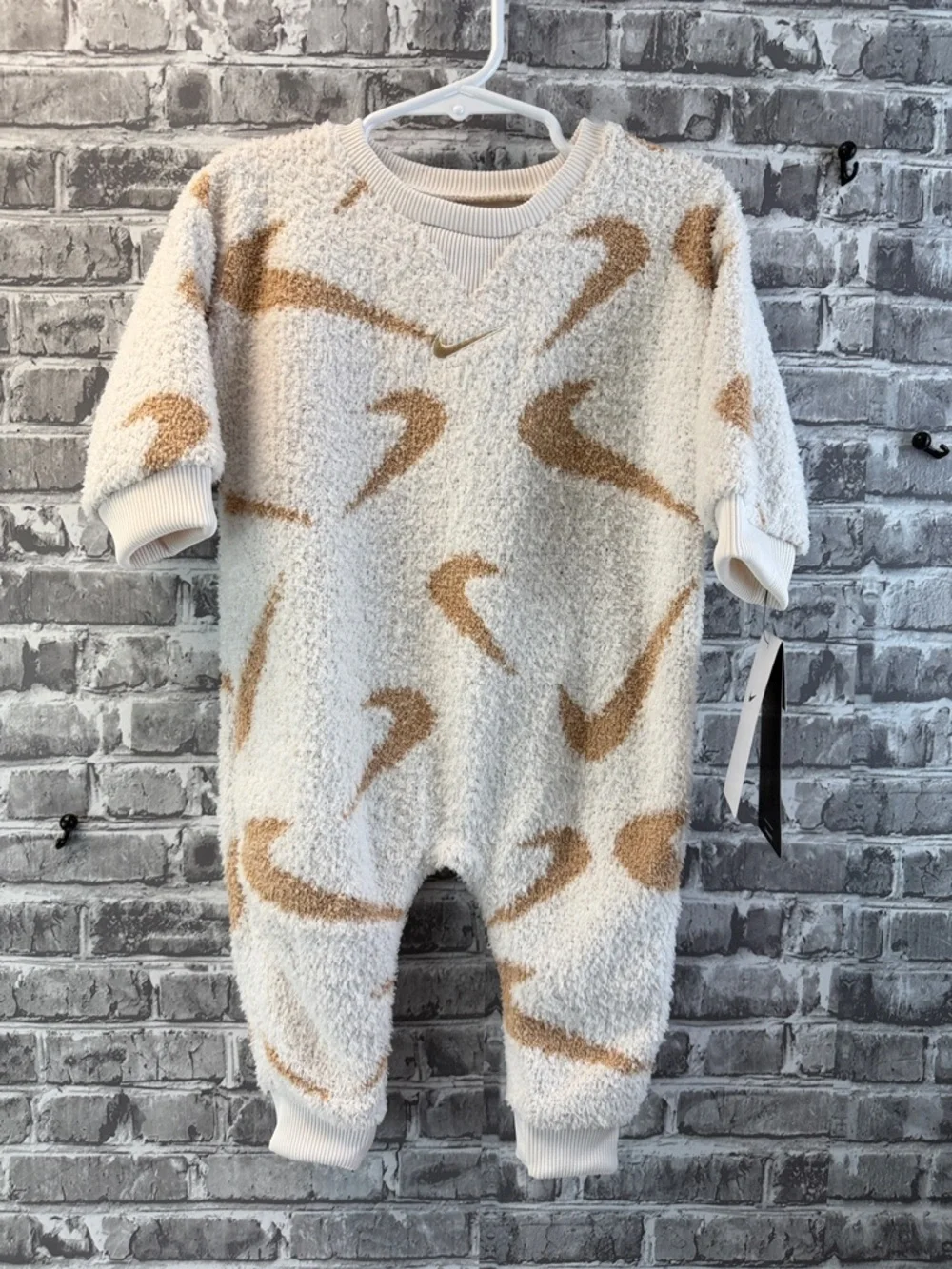 NWT Nike Cream Sherpa One-Piece with Tan Swoosh Print romper